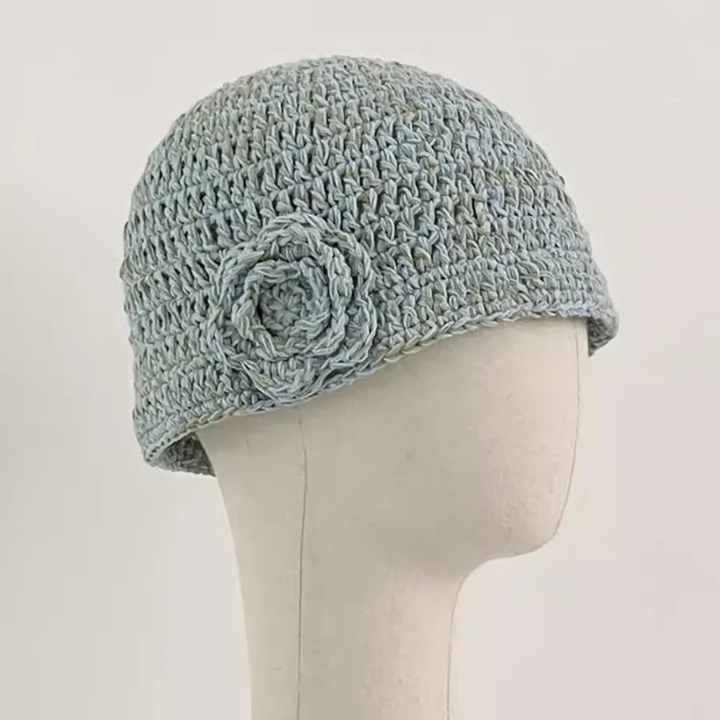 New Cute Flower Design Hand-woven Beanies Cap for Women Spring and Autumn Casual Versatile Mixed Color Knitted Basin Hats