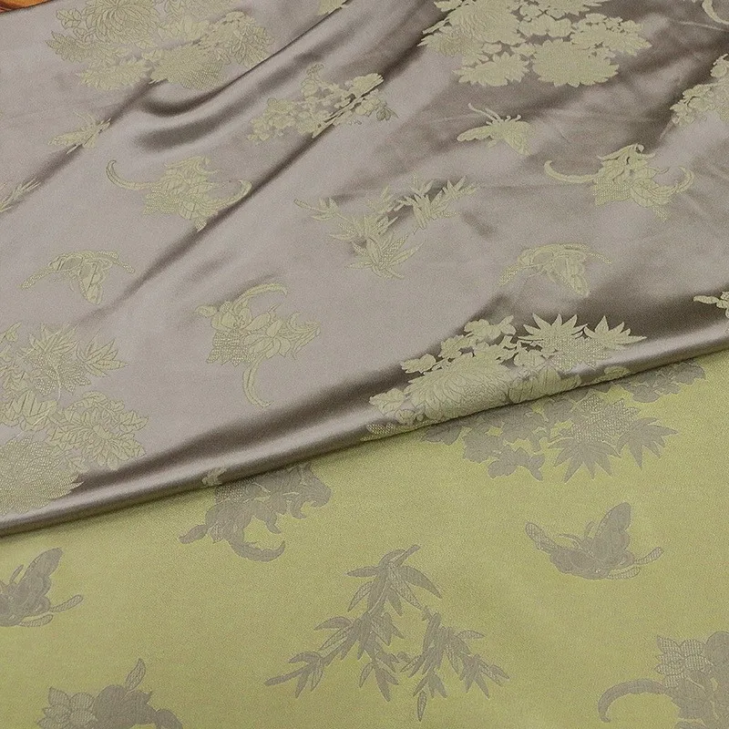 Light grayish-yellow 23 momme silk crepe de double-sided different color fabric jacquard new Chinese-style
