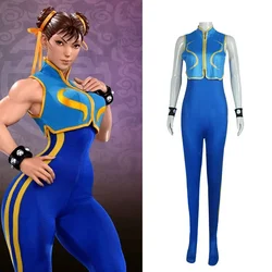Games Chun Li Cosplay Costume Blue Bodysuit Battle Game Bodysuits Women Girls Chun-Li Suit with Bracelet and Hair Ties