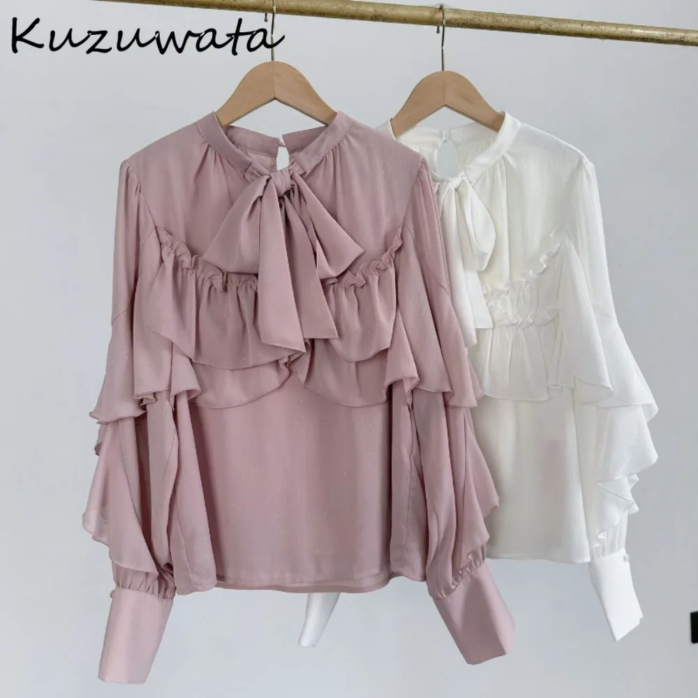 

Kuzuwata Early Autumn New Premium Sweet Shirt Chiffon Lantern Sleeve Lace Up All-match Blusas Japan Minority Slim Unique Blouses