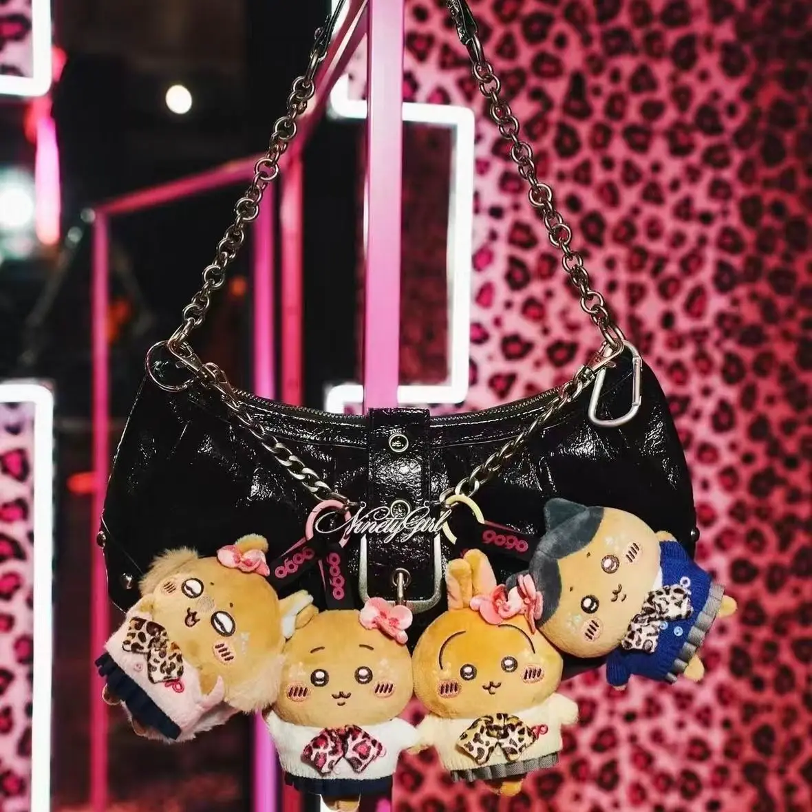 Chiikawa Usagi Momonga Plush Keychain Leopard Print Gal Style Stuffed Toy Bag Charm Wild Fashion Character Doll Gift 9090 Collab