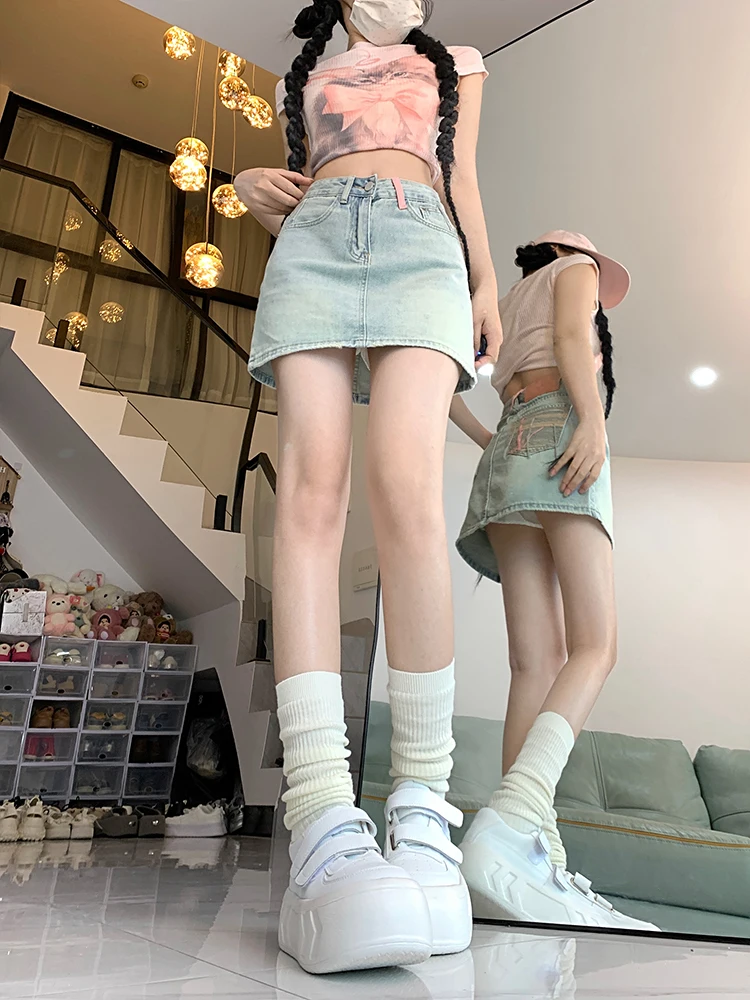 하이웨이스트 A라인 스커트 여성 데님 스커트 슬림 디자인 얇은 원단 오트 스커트 한국 스타일 버튼 지퍼 디테일