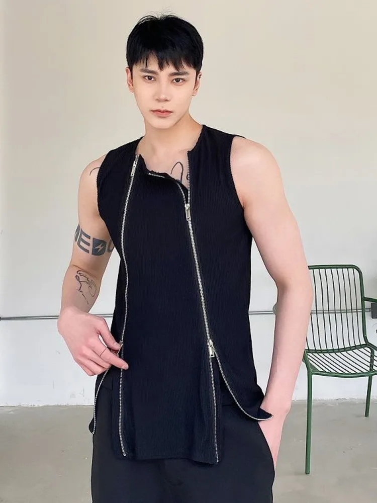 Men Clothing 2024 Summer Double Zipper Design Solid Color Vests Personality Vest Niche Sleeveless Tank Top For Male