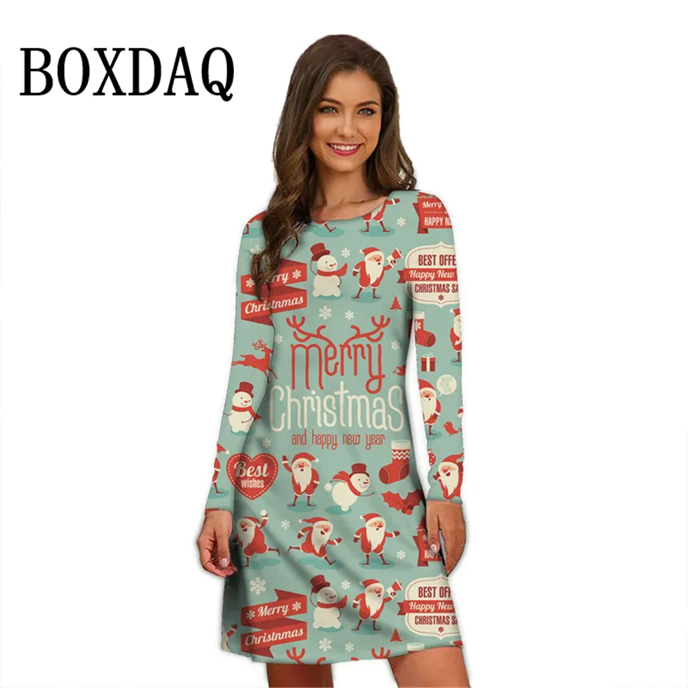 2025 Merry Christmas Party Dresses Winter Long Sleeve Cute Santa Claus Cartoon Pattern Dress Christmas Fashion Casual Mini Dress