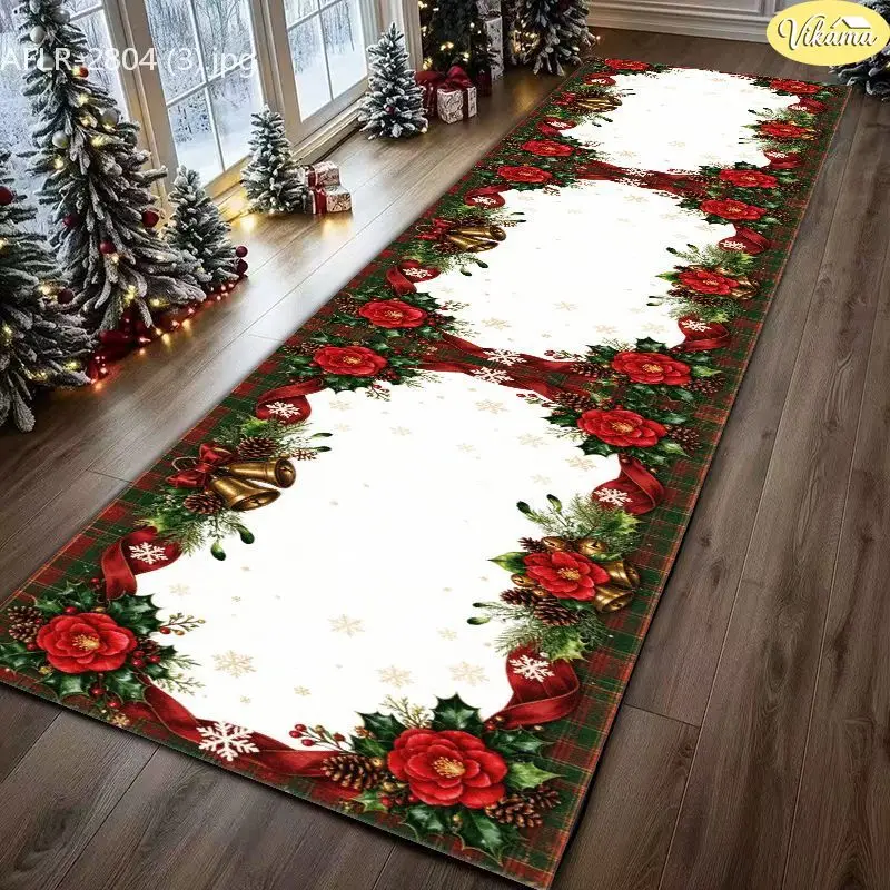 VIKAMA Forest Check Red Rose Bell Velvet Hallway Runner Non Slip Floor Mat for Holiday Soft Cozy Aesthetic Decorative Home Decor