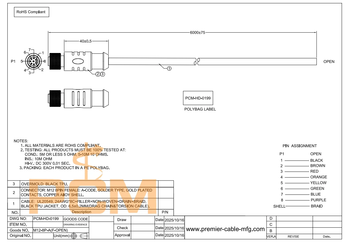 M12 8-Pin A-Code Buchse auf offenes Ende Kabel Industrieller Sensoranschluss für PLC-Automatisierungssteuerung Maschinen und Ausrüstung – Detail 3