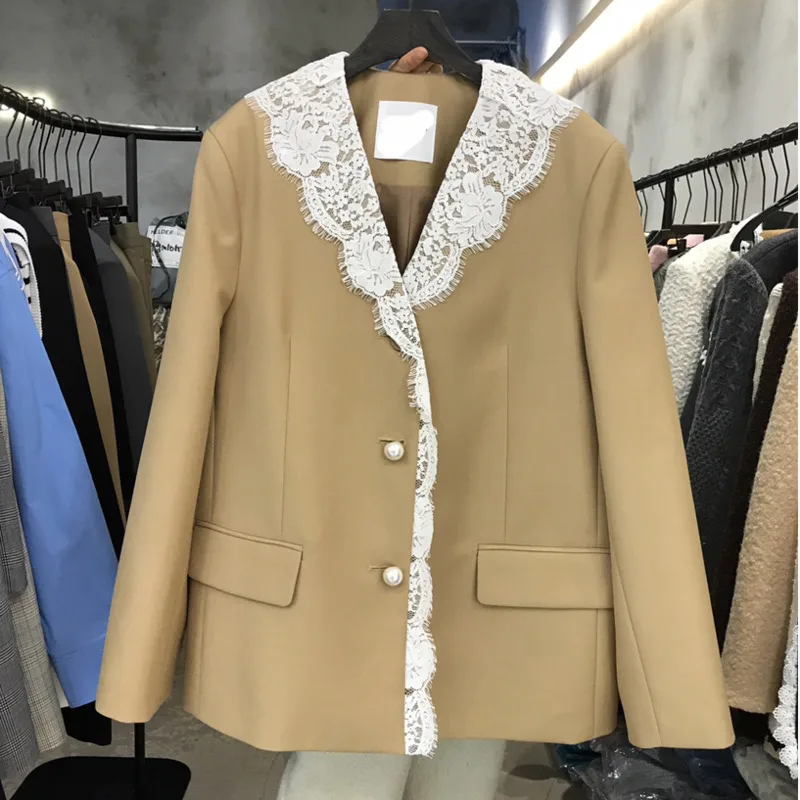 [oein] 2024 Autumn Korea Dongdaemun 2024 Spring New Long Sleeve Style Versatile V-neck Lace Suit Coat