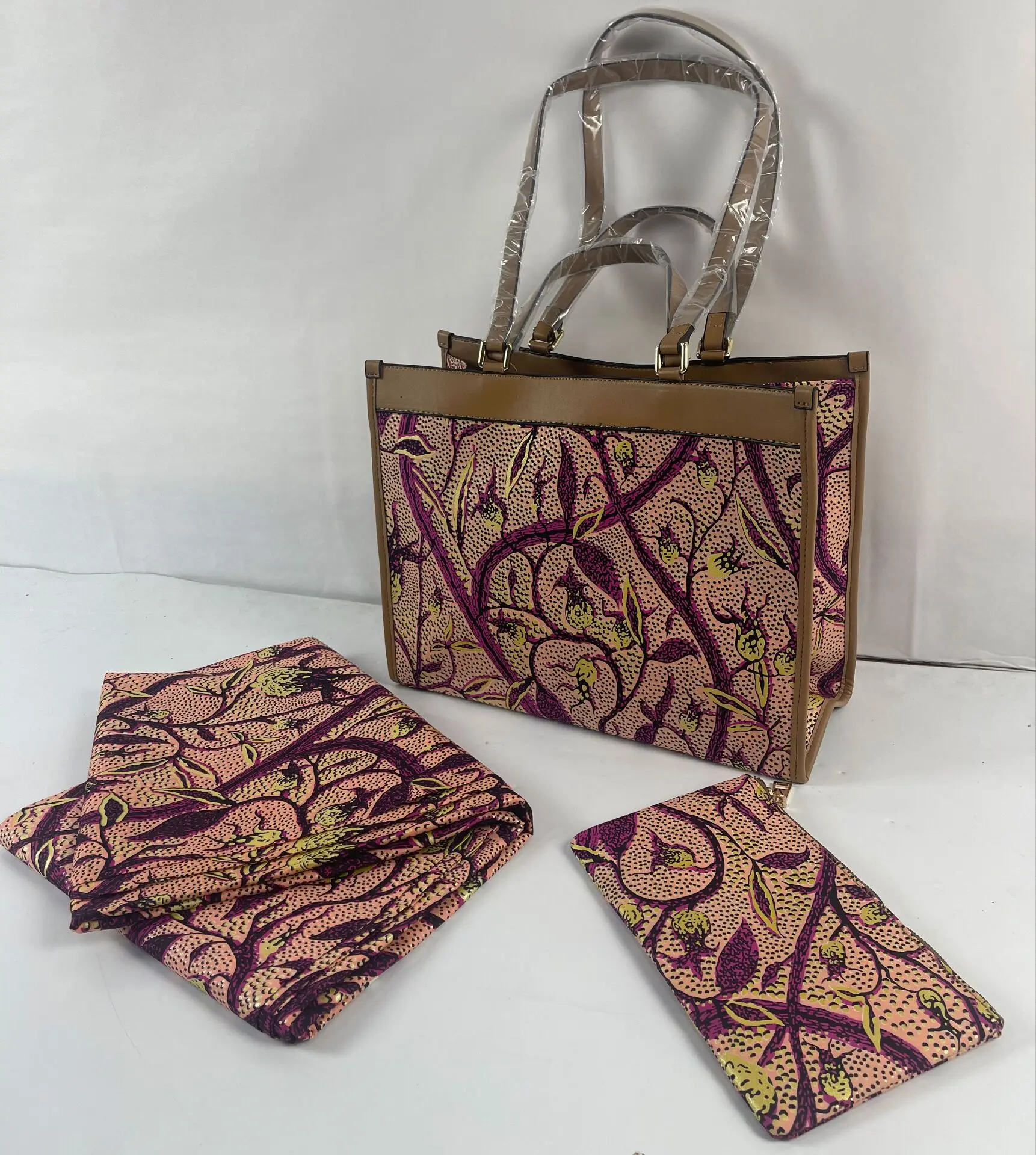 

Newest African Wax Fabric Prints And Purse Golden Wax With Handbag 3 Pcs For 1set 6 yards/pcs For Fashion Women Party