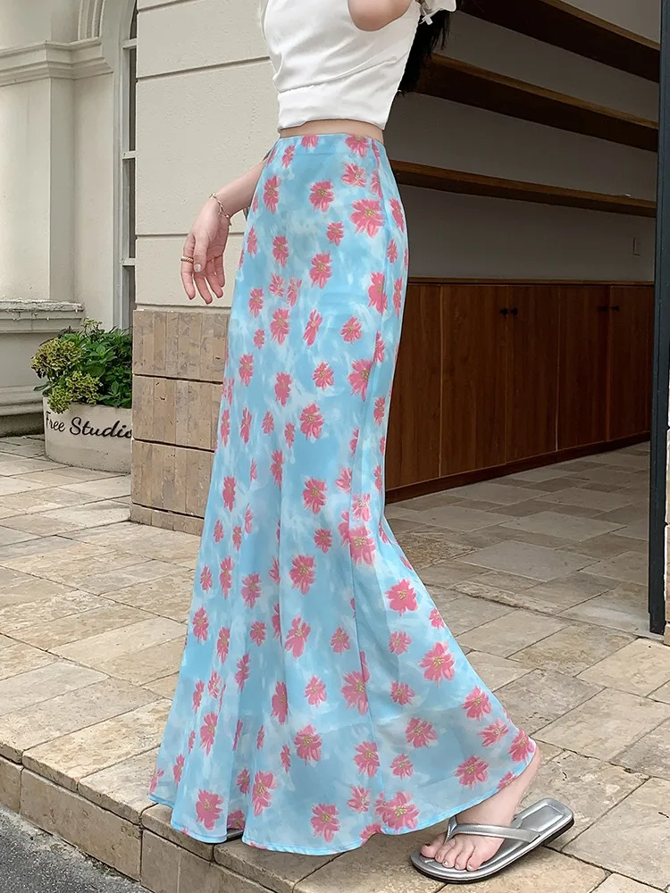 

Новая летняя женская юбка-макси из шифона с цветочным принтом, тонкая, струящаяся, с оборками и эффектом «рыбий хвост»