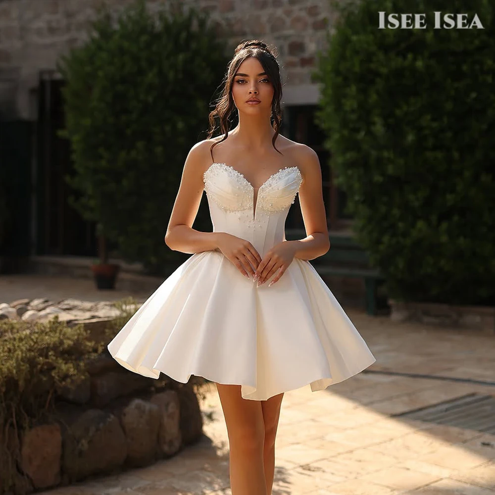 

Princess Peals Wedding Dress Sweetheart Neckline Satin Bridal Gown Vestidos De Novia Beaded Mini Formal Dress Customized