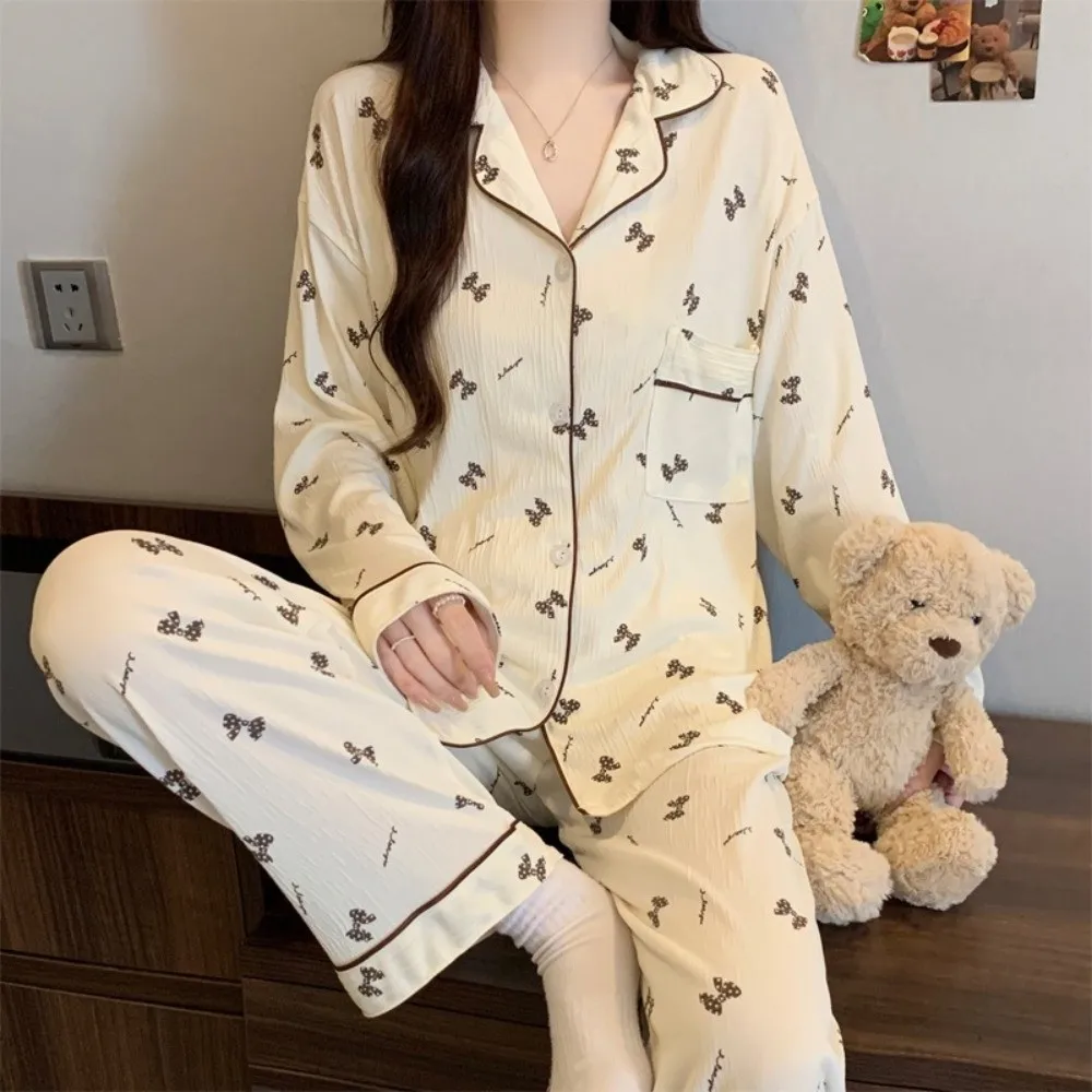 Comfortable Leopard Long Pajama Set Bow Bear Women's Loungewear Cherry Print Floral Lady Nightwear Suit Girl
