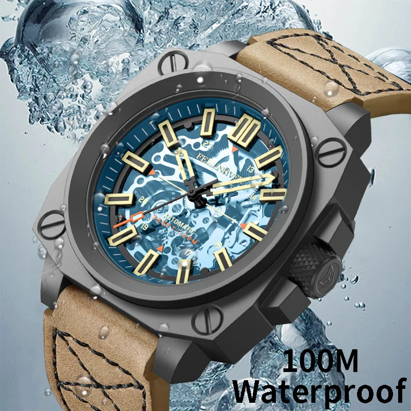 FeelNever Creative Skeleton Luxury Mechanical Watch Casual Sport Military Leather Strap Automatic Men\'s Watches Waterproof Clock