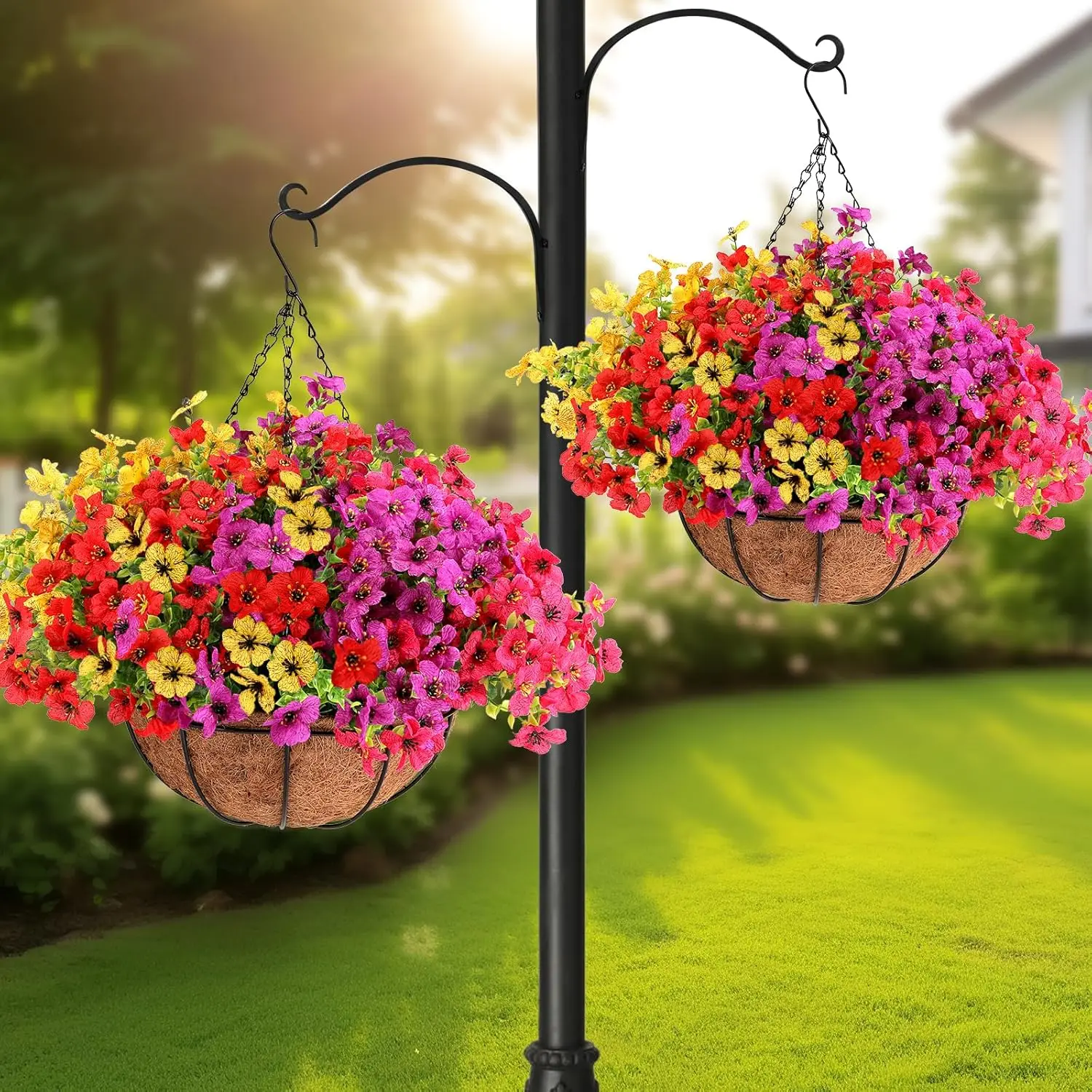 

2 Set Artificial Hanging Plants with Basket, UV Resistant Fake Flowers for Outdoor Porch Patio Balcony Garden Decor