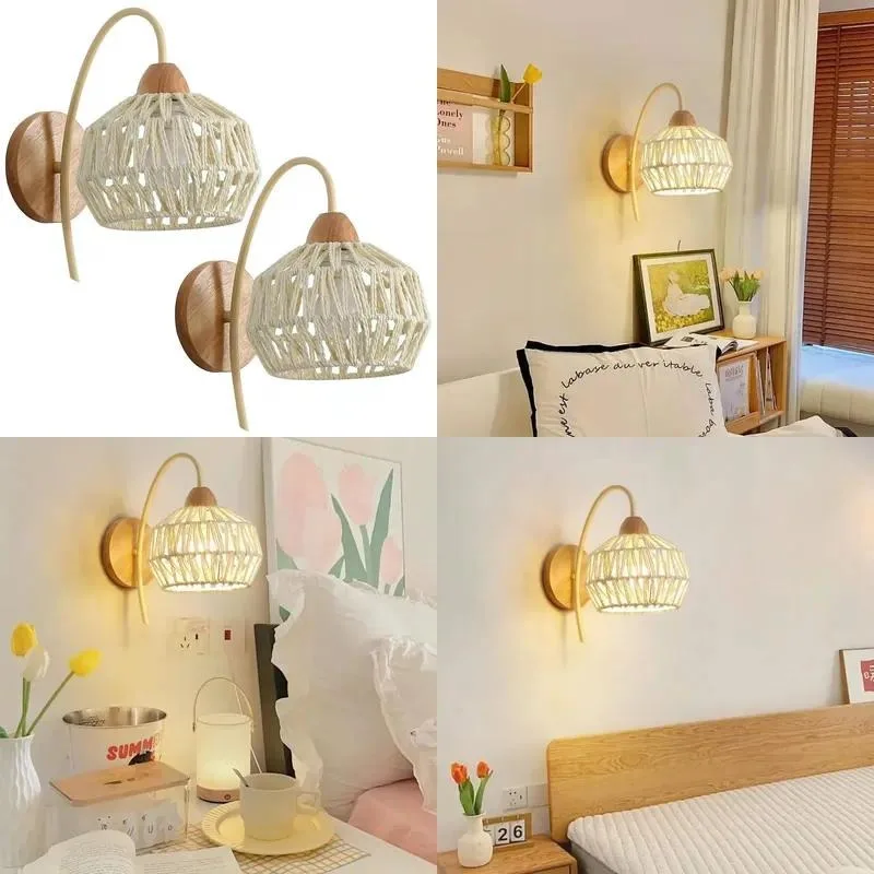 Scandinavian style solid wood rattan bedside wall lamp for bedroom, vintage hallway, living room decoration