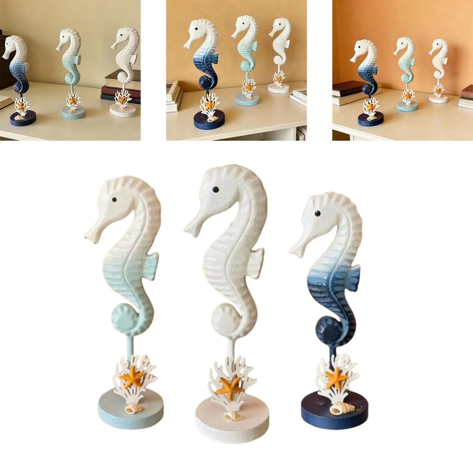 Seahorse Wooden Figurines Coastal Decor Nautical Beach House Sculpture Modern Decoration Statuette for Ocean Room