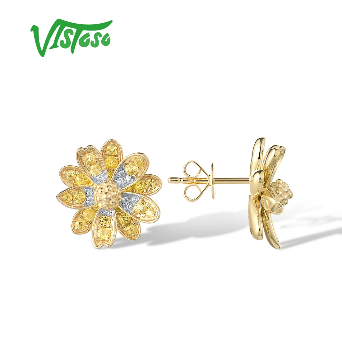 VISTOSO 14K 585 Yellow Gold Stud Earrings For Women Diamonds Yellow Sapphire / Ruby Blossom Daisy Elegant Wedding Fine Jewelry
