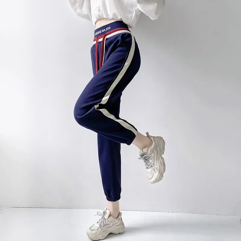 Spring and Summer Women's Sports Pants Patchwork Elastic High Waist Ankle Length Casual Sweatpants
