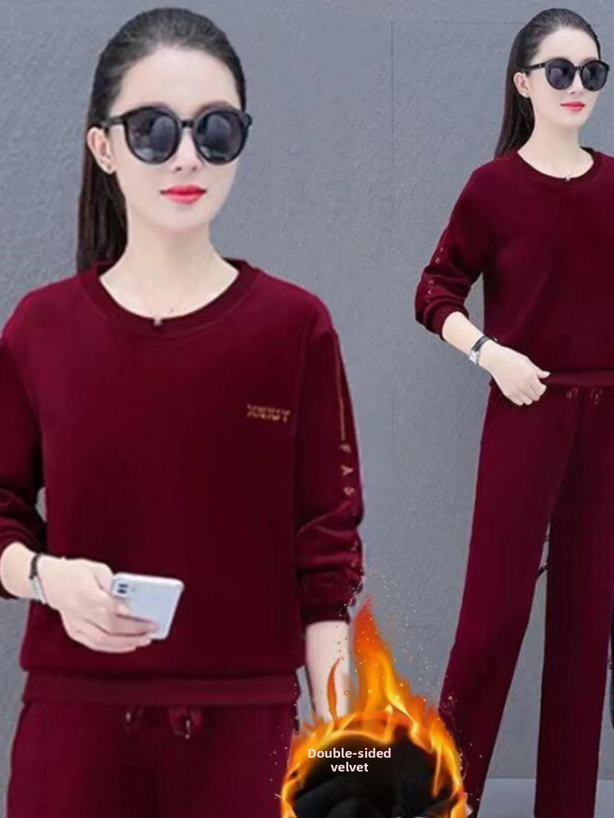 

Women's Thickened Fleece Lined Velvet Sports Suit Set High Waist Long Pants round Neck Long Sleeve Two Piece Autumn Winter Ou...