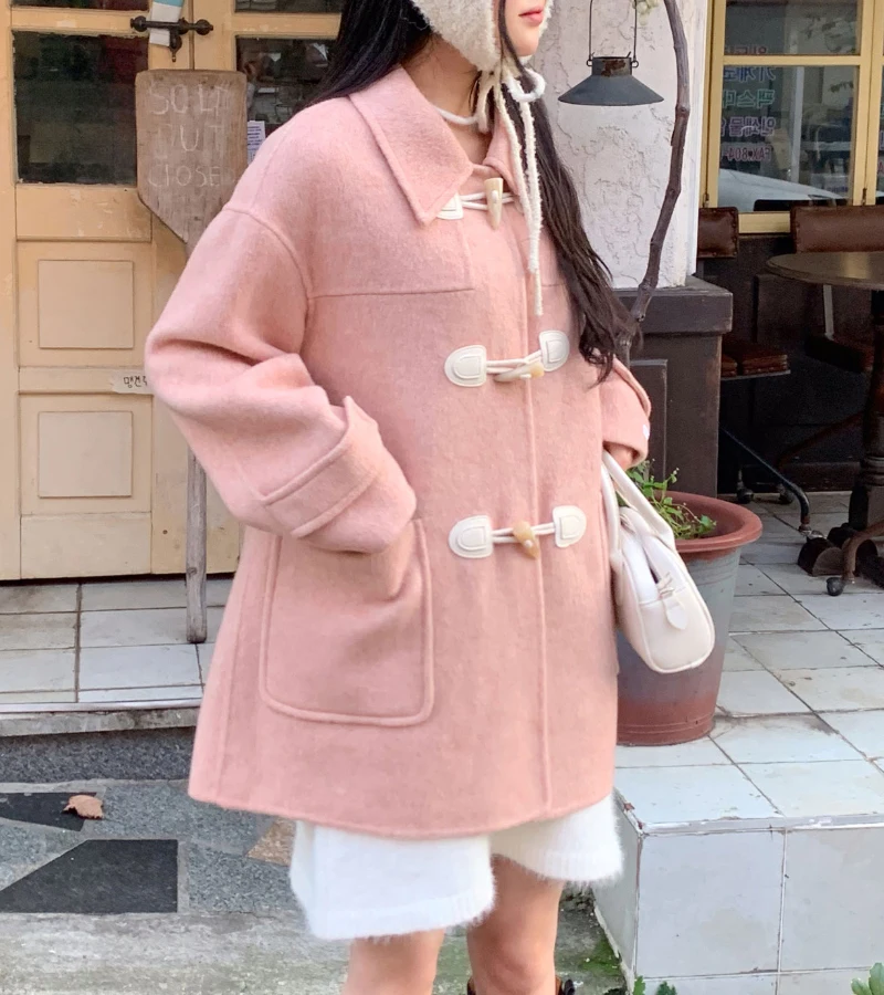 Korean Chic Sweet Cow Horn Buttoned Wool Coat Women Winter Clothes White Loose Casual Mid Length Wool Jackets Women Clothing