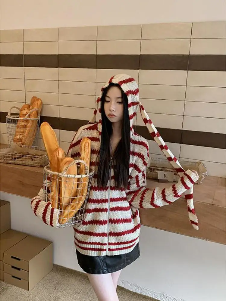 Yedinas Christmas Red Striped Hooded Knitted Tops Long Sleeve Korean Fashion Rabbit Ears Cardigan Women Sweater Ladies Jumpers