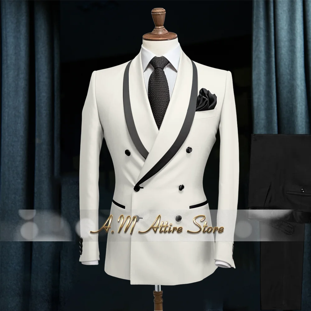 Gray men's elegant suit 2pcs jacket pants double breasted premium twill attire for wedding groom ball dinner Father's Day gift