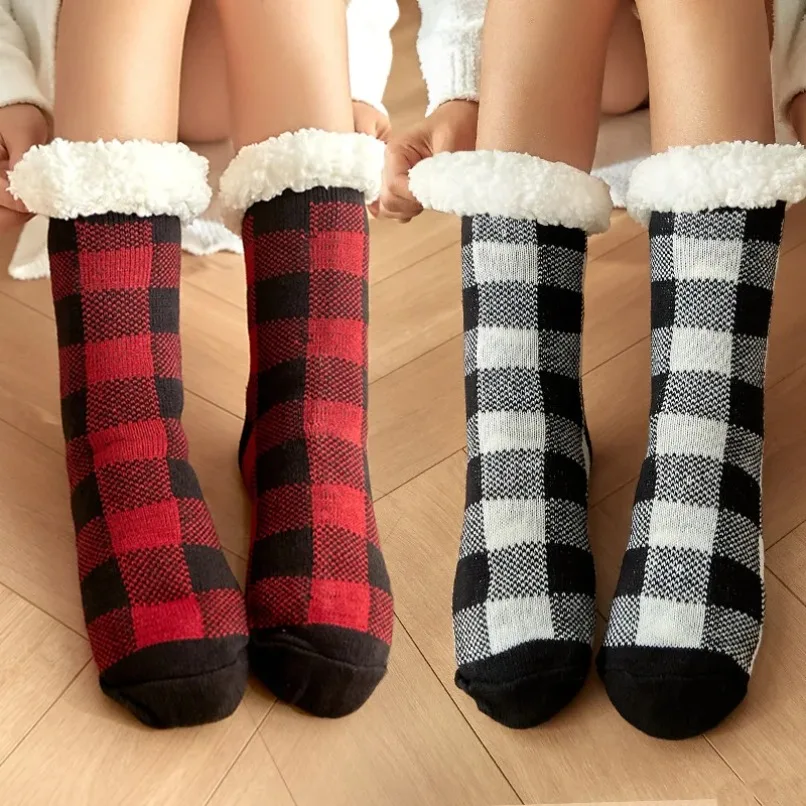 

Fuzzy Thermal Socks Women Plaid Winter Funny Cat Dog Panda Cute Kawaii Non Slip Cartoon Sleeping Soft Female Floor Slippers Sock