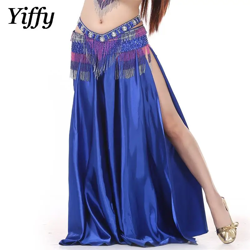 New Pattern Belly Dance Big Swing Skirt Lady Shiny Double Split Sexy Long Skirt Adult Stage Performance Goddess Attire