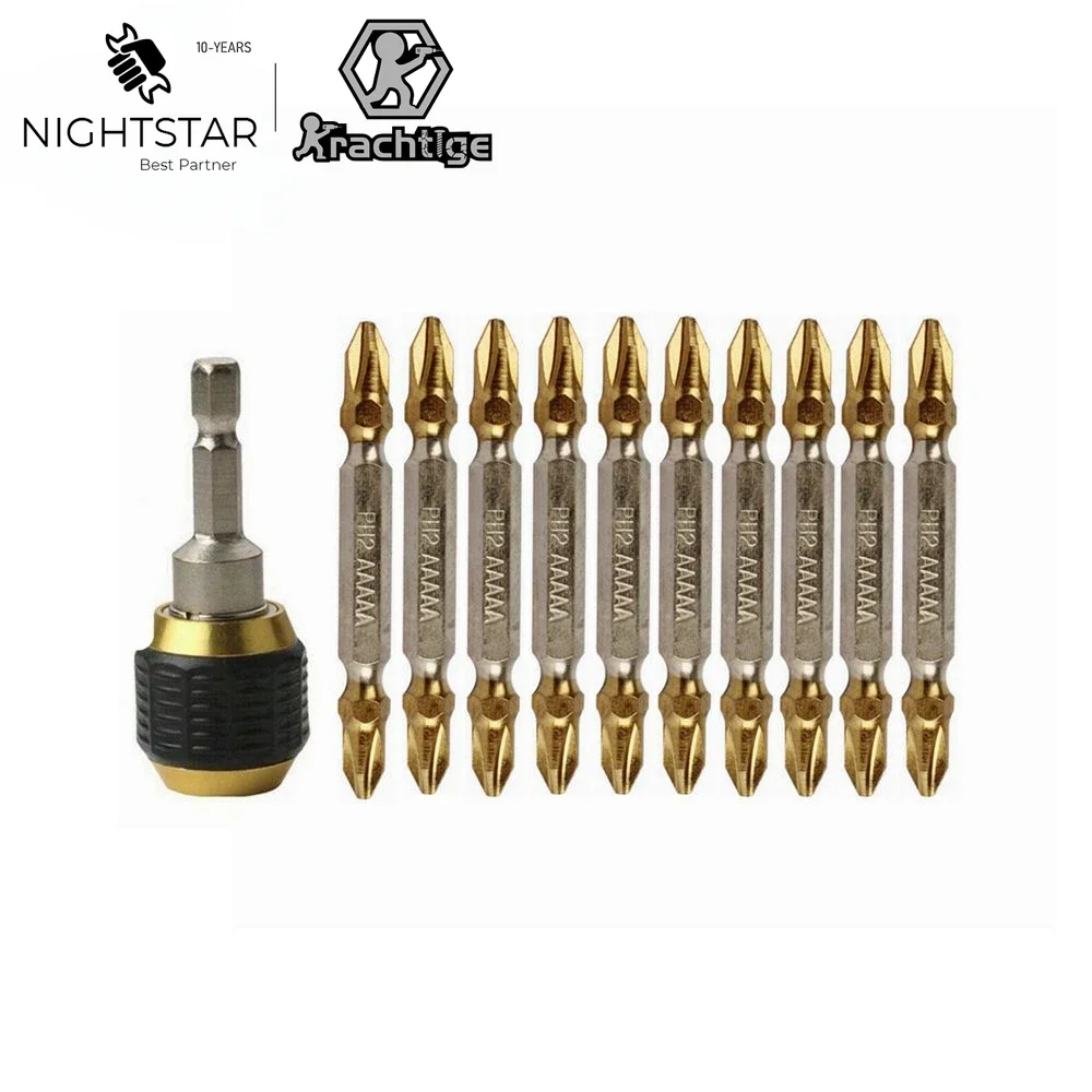 

10Pcs 65mm Titanium Coated PH2 Cross Double Head Screwdriver Bits + Drill Chuck 1/4 Hex Shank Quick Change Connector