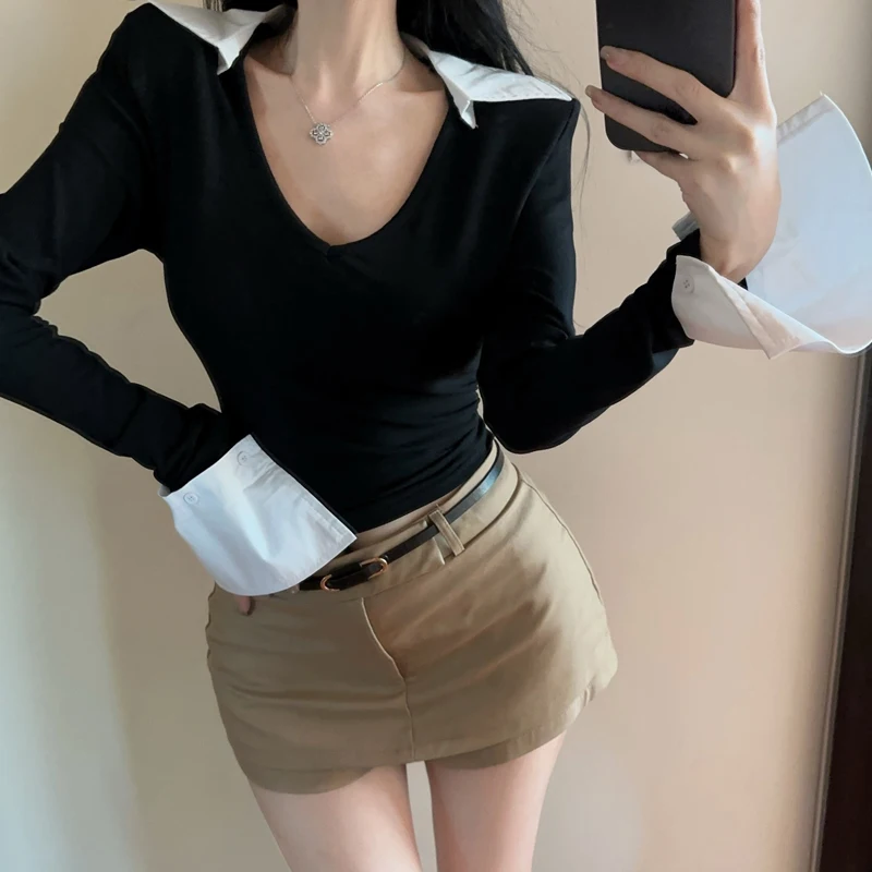 

Корейская футболка Sle Long Sve с подкладкой на плечи, удобный цветной воротник с блузным воротником, модный женский топ для похудения