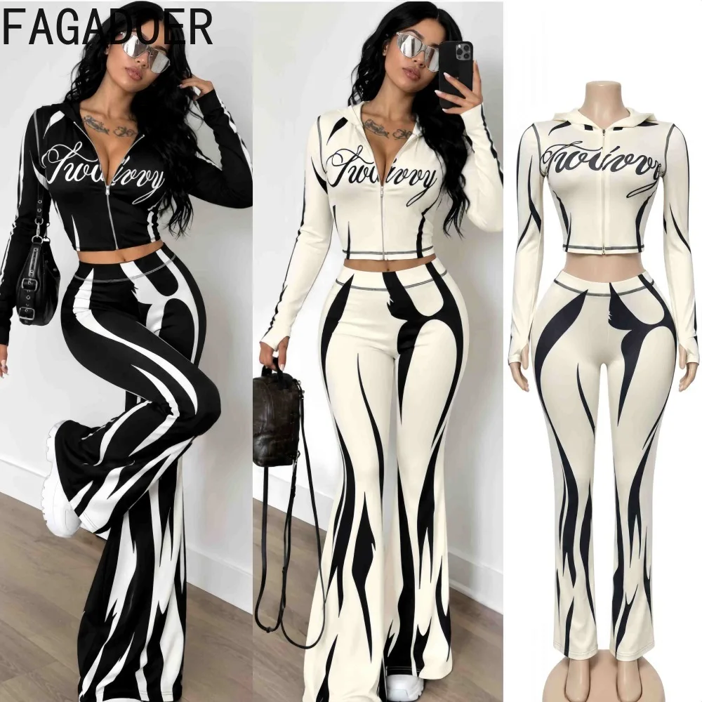 FAGADOER Women Contrast Print Two Piece Outfit Long Sleeve Hooded Crop Jacket High Waist Flare Pants Slim Fit Y2K Streetwear Set