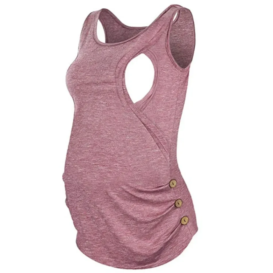 

New Pregnant Women's Tank Top European and American Sleeveless Solid Round Neck Button Tank Top Pregnant Women's Wear Breastfee