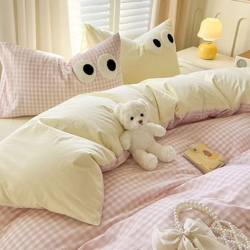 Korean Bedding Sets Cute Eyes Duvet Cover with Flat Sheet Pillowcase Single Double Size Boys Girls Bed Linen No Filler