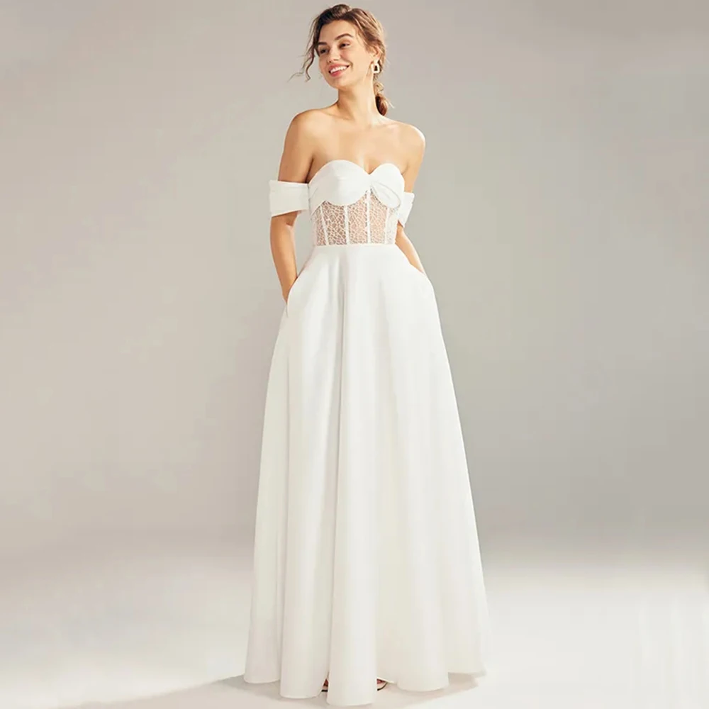 

Chic Sweetheart Short Sleeve Wedding Dress with Pocket A-Line Floor Length Bridal Open Back and Illusion Zipper Gowns Robe