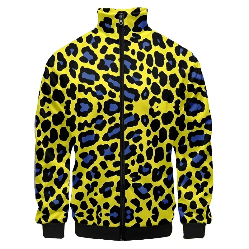 

Leopard Print Pattern Zipper Jacket For Men Fashion 3D Printed Long Sleeves Casual Loose Harajuku Lapel Tops Street Coat Jackets