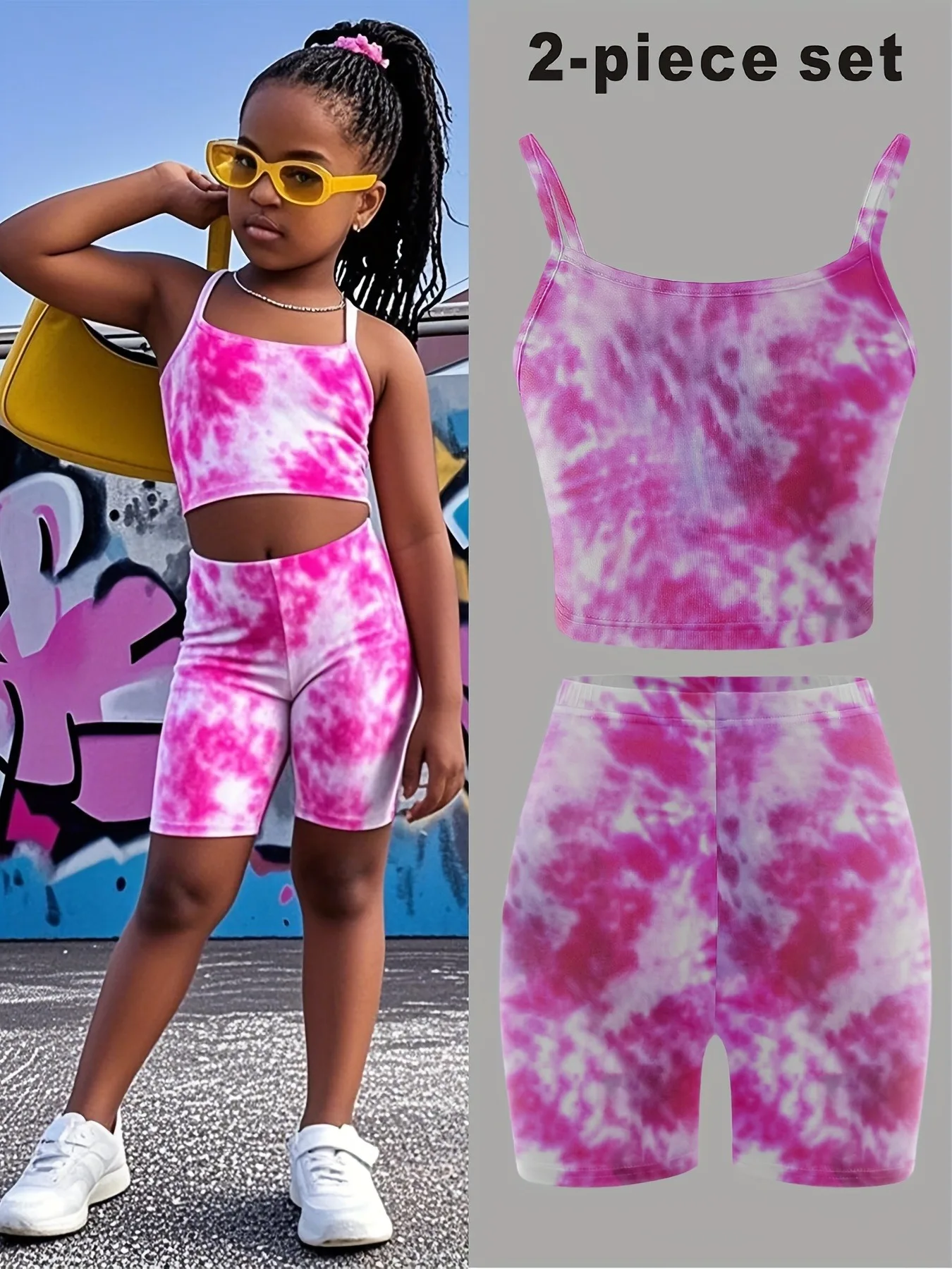 Trendy Girls 2Pcs Tie Dye Outfit, Pink Tie-Dye Cami Crop Top & High Waist Biker Shorts Co-ord