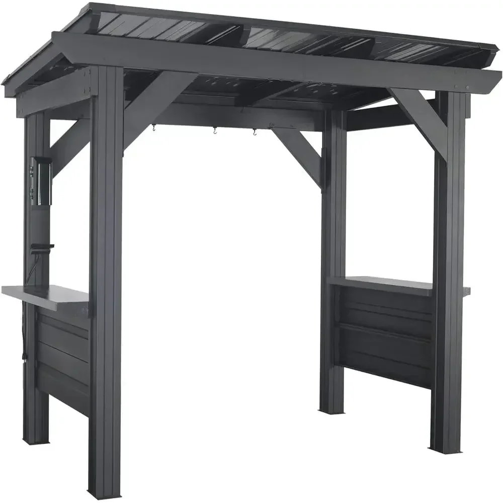 8' x 6' Galvanized Steel BBQ Pavilion with Hardtop, Bar Tops, Powerport, Wind Resistant, Cook Station for Outdoor Patio or Deck