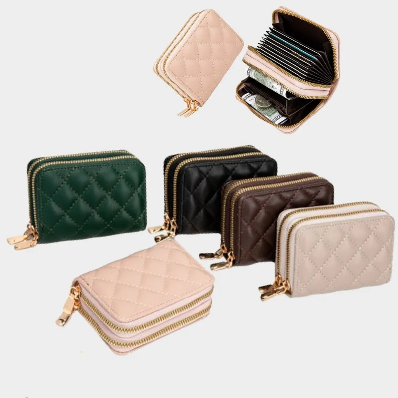 

Fashionable women's designer embroidered double zipper wallet small card bag ID slot diamond grid storage bag small wallet