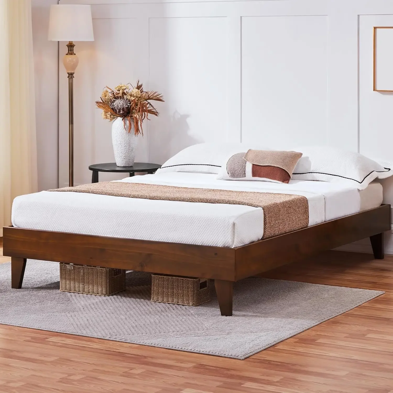 Solid Pine Wood Platform Bed Frame - Reserved Holes for Headboard, Wooden Slats Support, 7.5