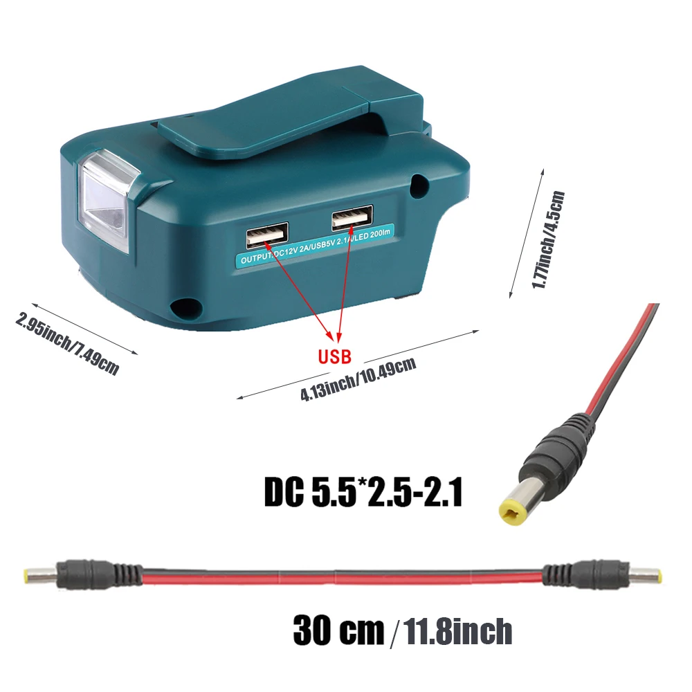 14.4V 18V bateria lwa podwójny Port konwertera USB 5V 12V z reflektorem LED do baterii Makita