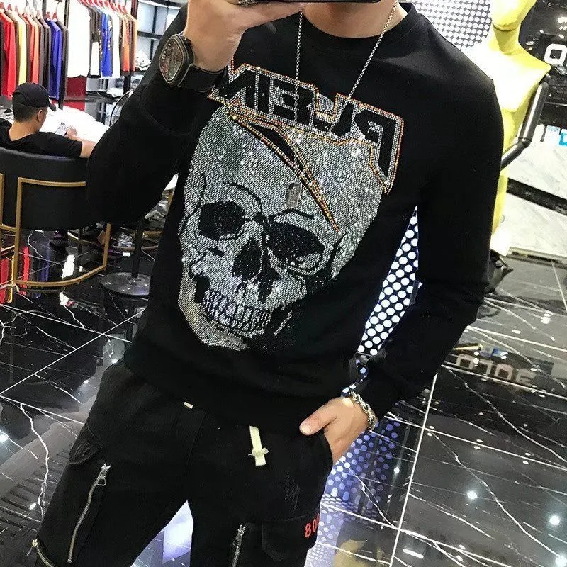 

Men's Clothing Spring and Autumn high quality Fashion Brand New Skull Head Hot Drilling Handsome Casual Long-sleeved T-shirts