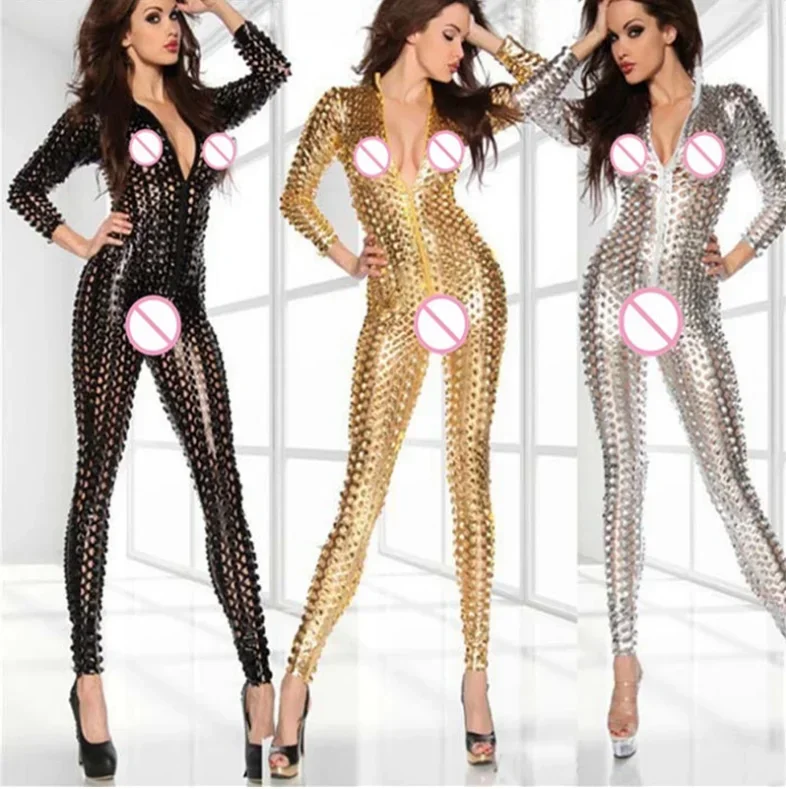 

Wet Look Shiny PU Leather Catsuit Fish Scale Hollow Out Zipper Open Crotch Bodysuit Tight Hot Sexy Clubwear Jumpsuit