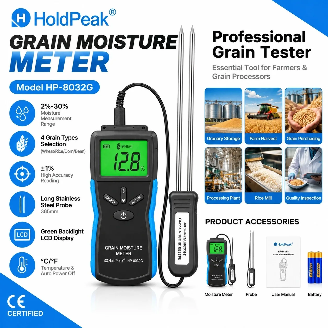 HoldPeak 8032G Grain Moisture Meter 2%-30% Digital Tester for Wheat Paddy Rice Corn with Backlight Data Hold Auto Off