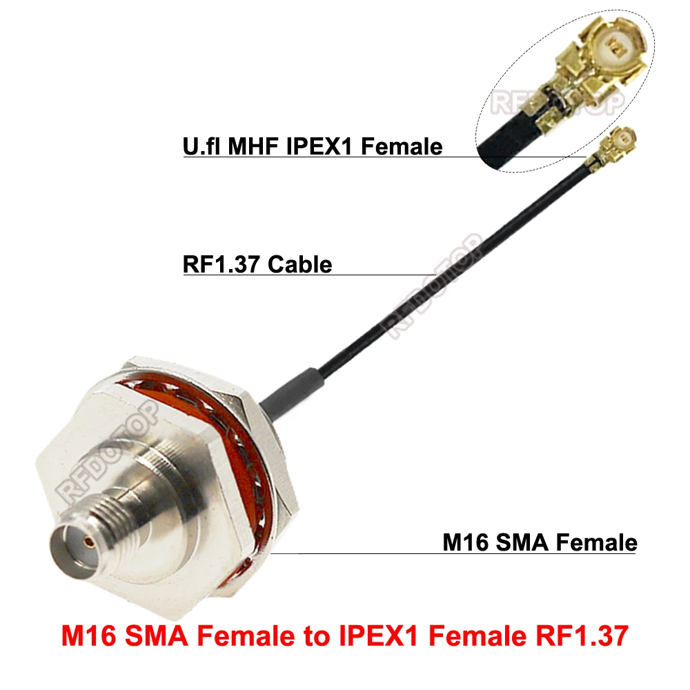 2PCS Bulkhead M16 SMA Female Jack to u.FL//IPEX-1 Female Connector RF1.37 RF Jumper Pigtail for WiFi Antenna SMA-K Bulkhead