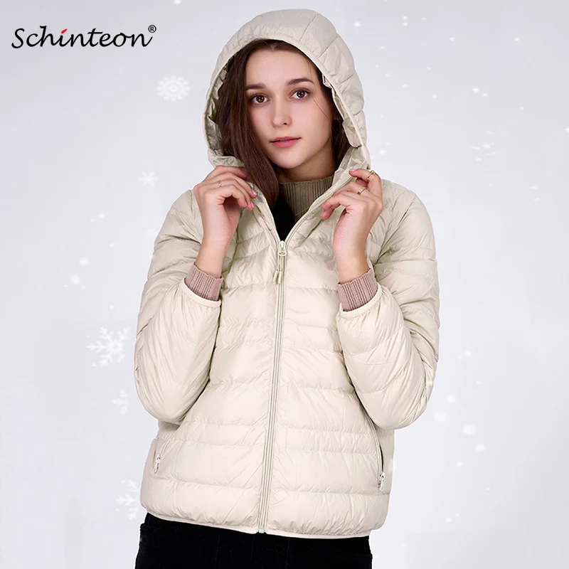 Schinteon Women Light White Duck Down Jacket with Hood Autumn Winter Thin Outwear Solid Color Simple Style Coat 2024 New