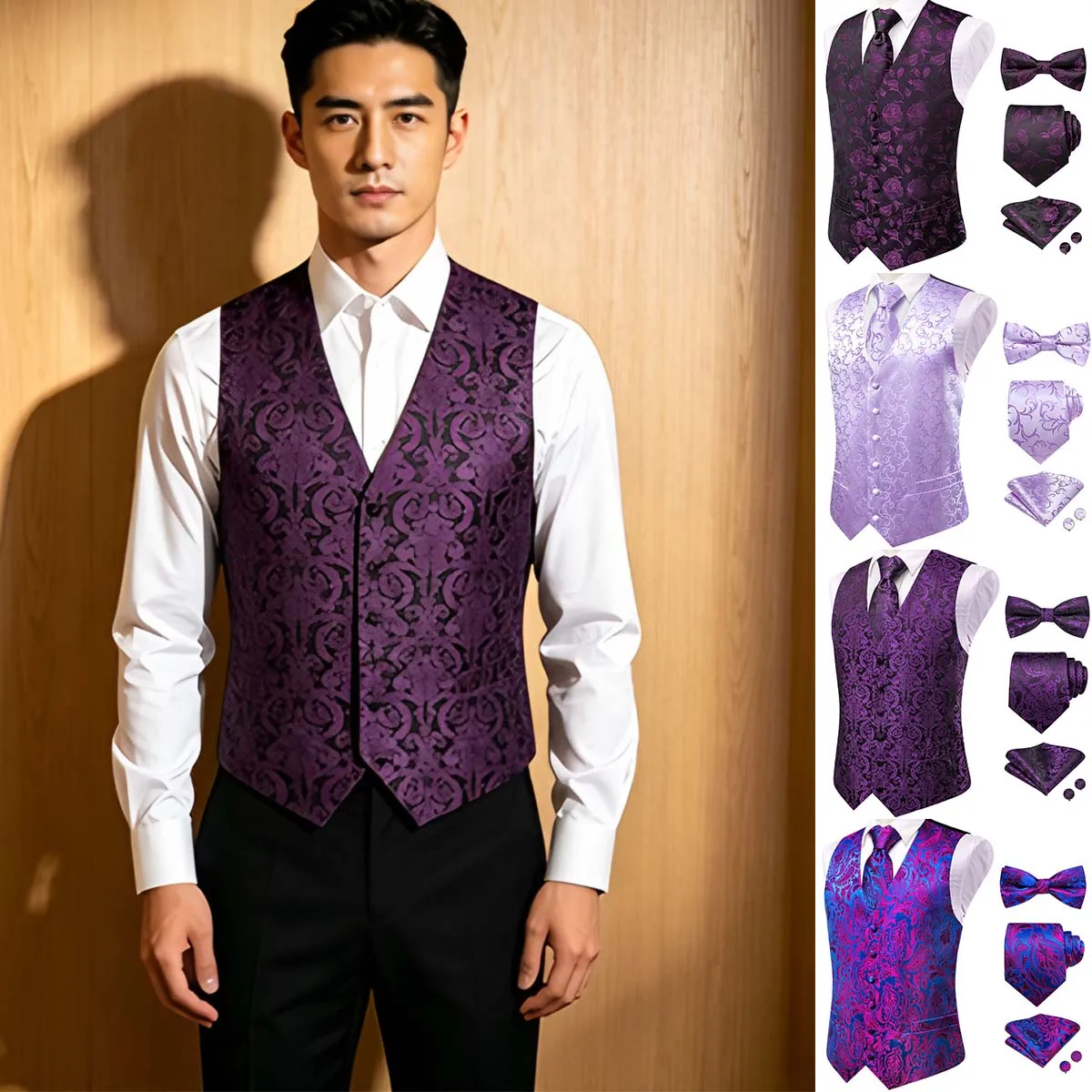 

Men Elegant Purple Paisley Pattern V Collar Vest Full Set Business Party Formal Outfit