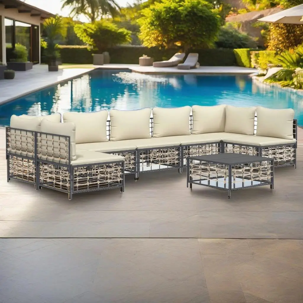 8-Piece Anthracite Poly Rattan Patio Lounge Set with Cushions - Outdoor Furniture