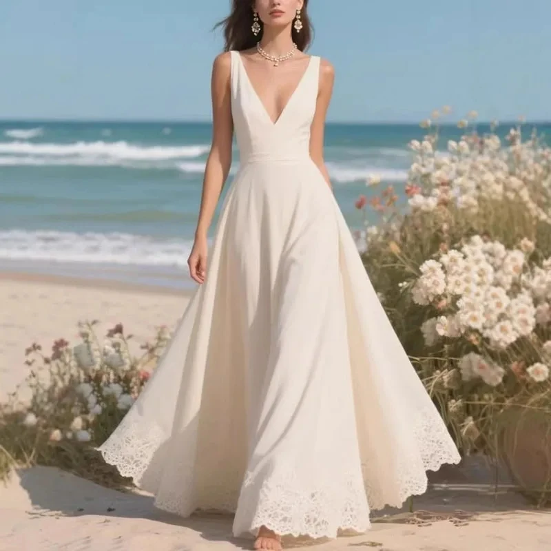

Temperament V-neck Sleeveless Slim Evening Dress Elegant Lady Solid Color Wedding Party Dress Summer New Pleated Banquet Dresses