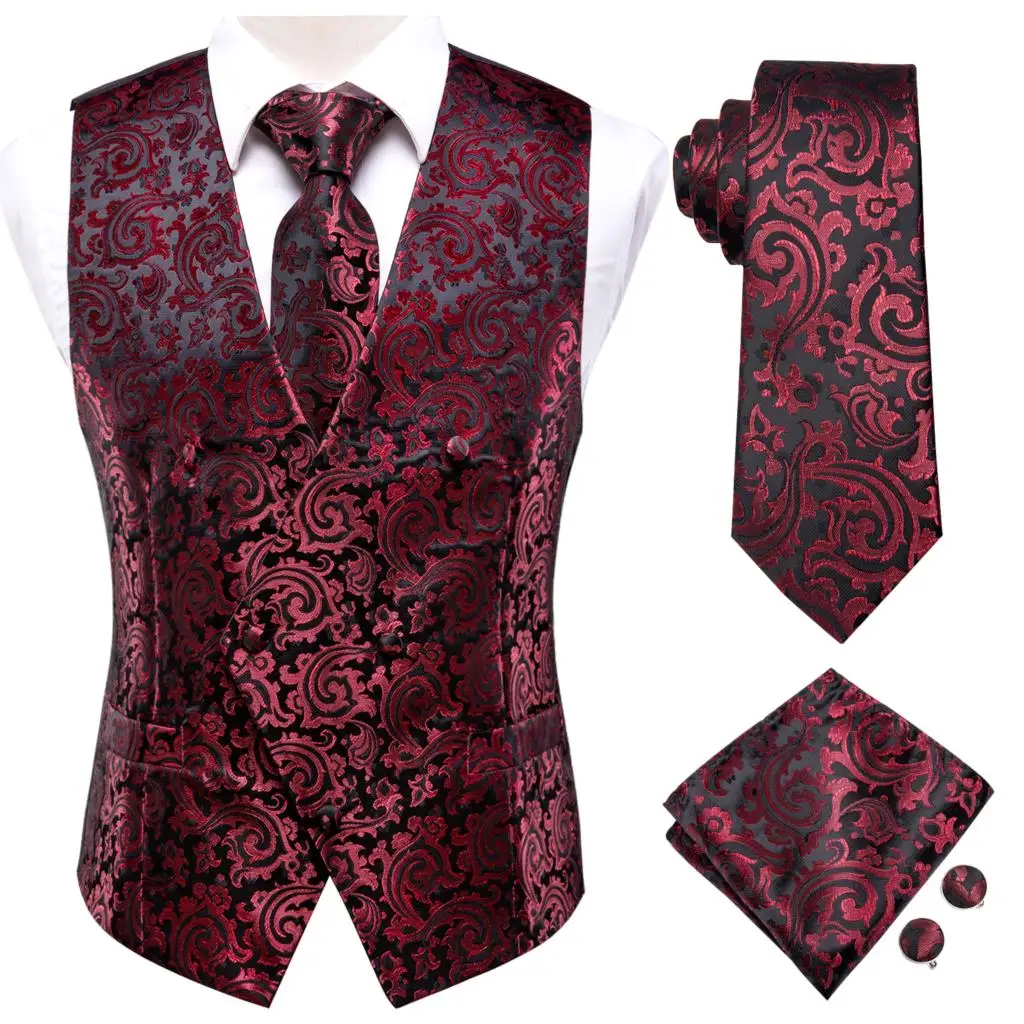 Hi-Tie Black Burgundy Floral Silk Mens Slim Waistcoat Necktie Set For Suit Dress Wedding 4PCS Vest Necktie Hanky Cufflink Set