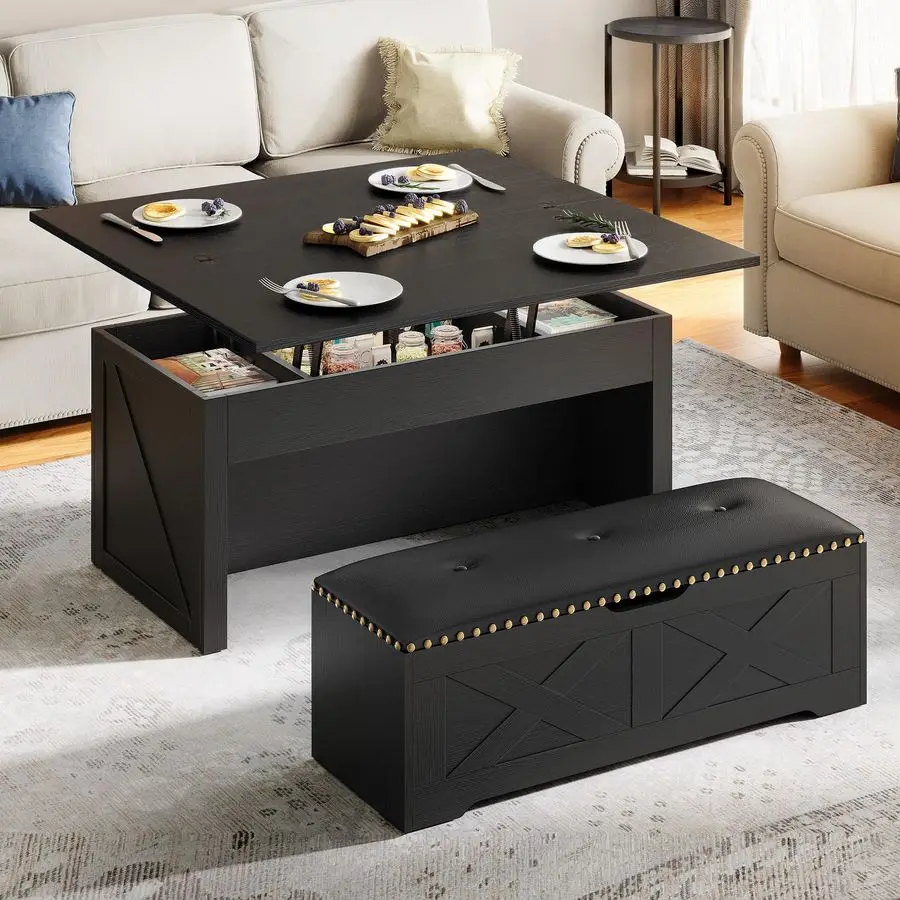 

Lift Top Coffee Table Set with Storage Ottoman Bench amp Wheels, 4 in 1 Convertible Dinning Center Tables with Hidden Compartme