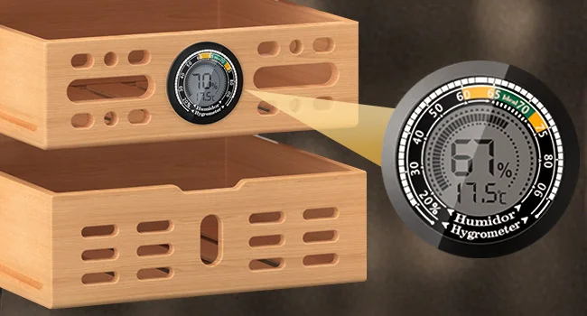 Zigarre-Humidor, Zigarrenschrank aus Zedernholz mit Schublade für 80–120 Zigarren, LED-Beleuchtungssystem, digitales Thermometer und 2 Luftbefeuchter – Detail 2